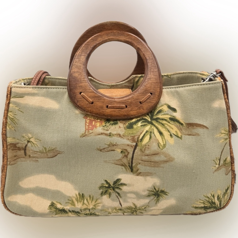 Fossil Y2K Key-Per Tropical Canvas Handbag 1950s-Inspired Design Wooden Handles
